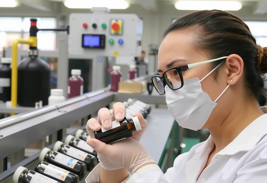 A quality control specialist examining a finished supplement bottle with a magnifying glass.