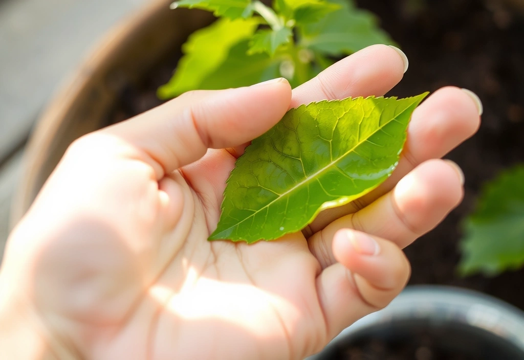 A hand holding a vibrant green leaf, symbolizing natural growth and care.