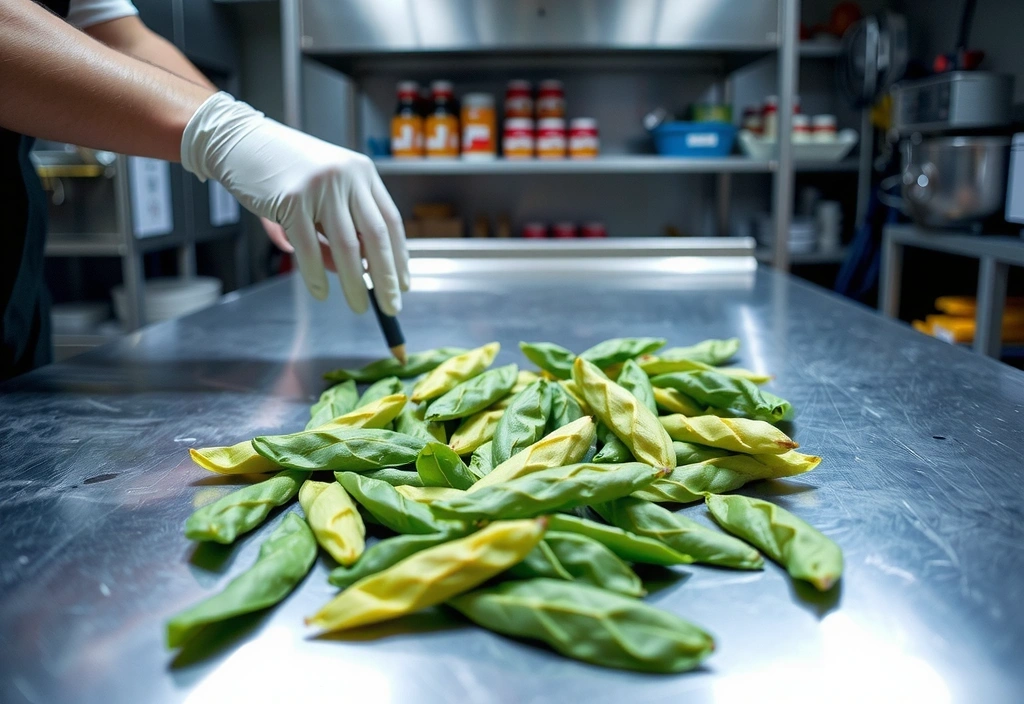 A close-up of hands carefully inspecting botanical ingredients on a stainless steel surface in a clean facility.