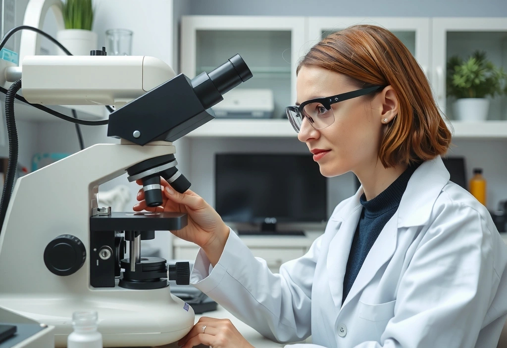A scientist in a clean lab coat meticulously examining a plant sample under a microscope.