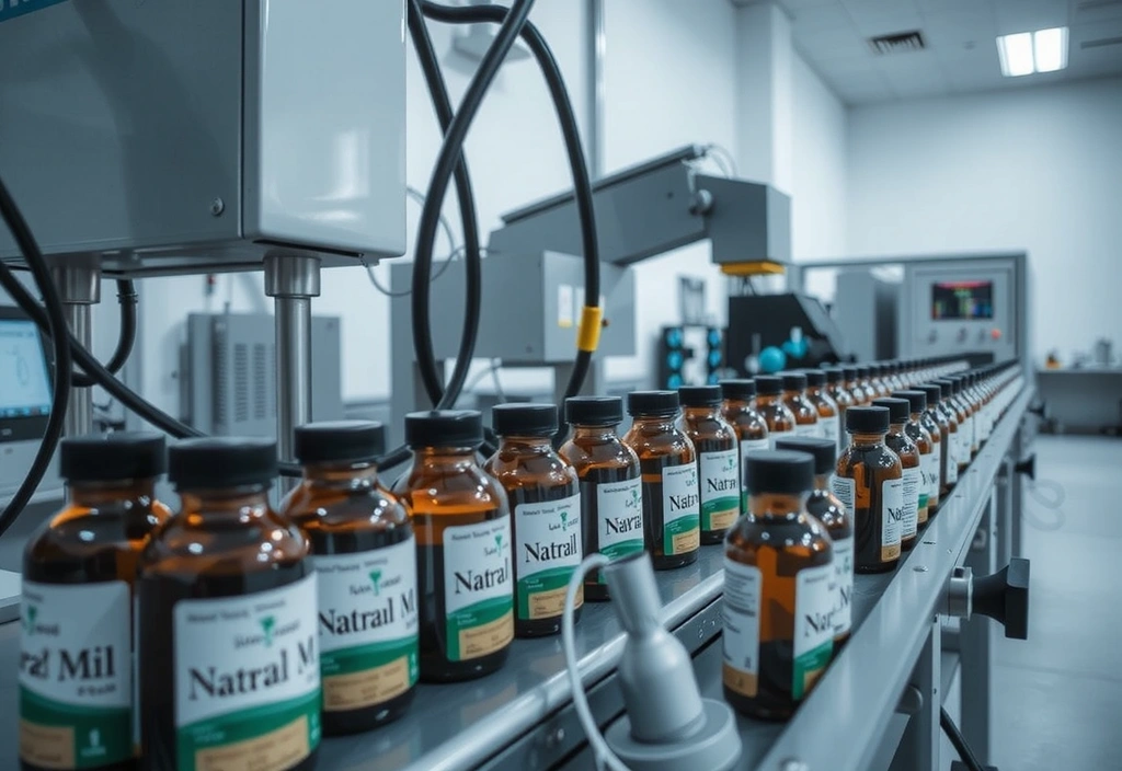 Automated machinery in a sterile, modern production facility, packaging supplements.