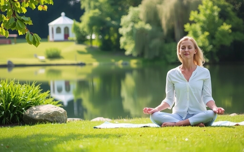 A person meditating peacefully in a natural setting, illustrating mental well-being.