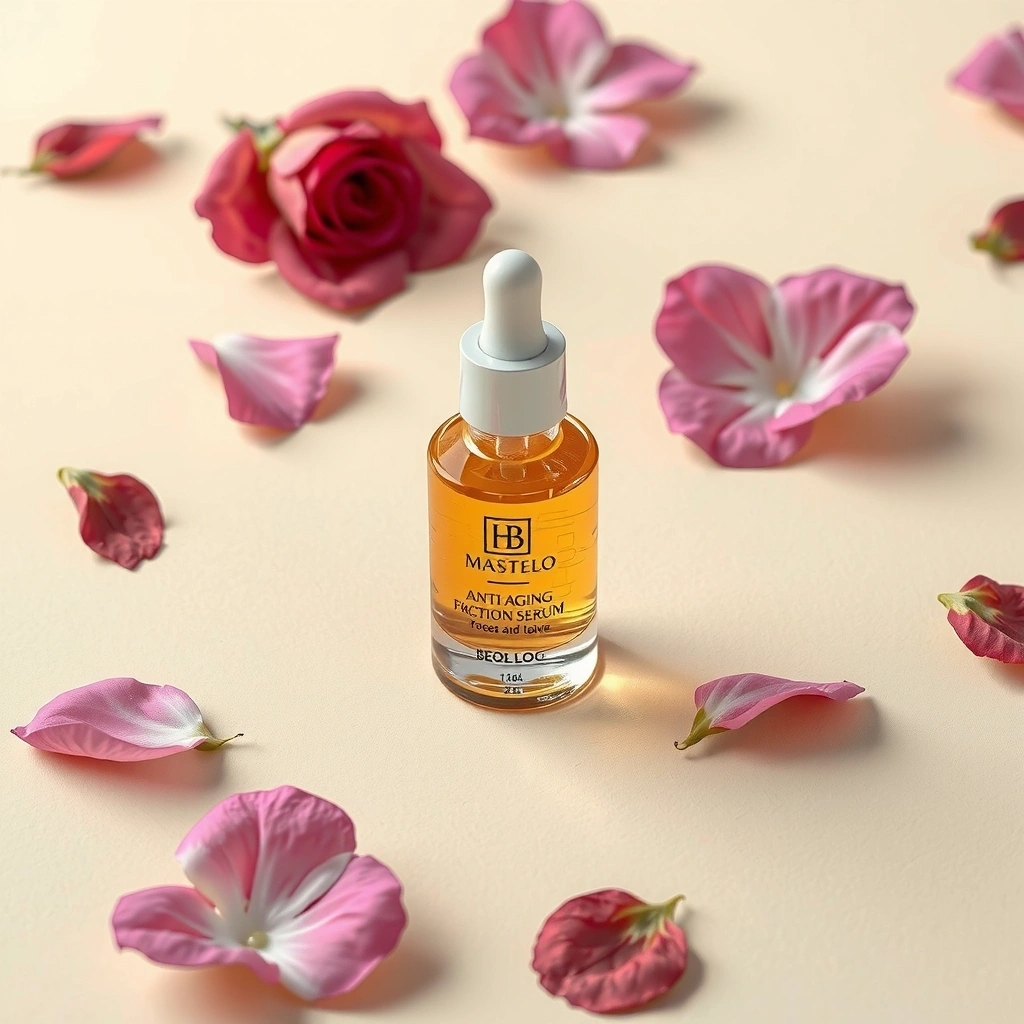 Anti-aging serum bottle with rose petals