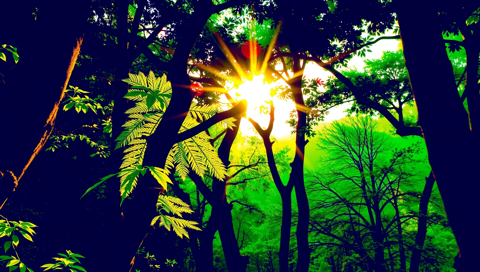 Lush green forest with sunlight filtering through the canopy, symbolizing natural purity and vitality.