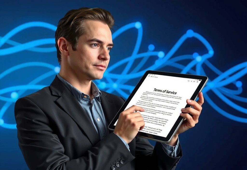 A person reading terms and conditions on a tablet, symbolizing agreement and understanding.