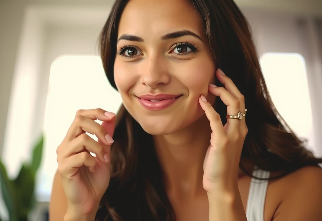 Woman smiling, applying natural skincare product